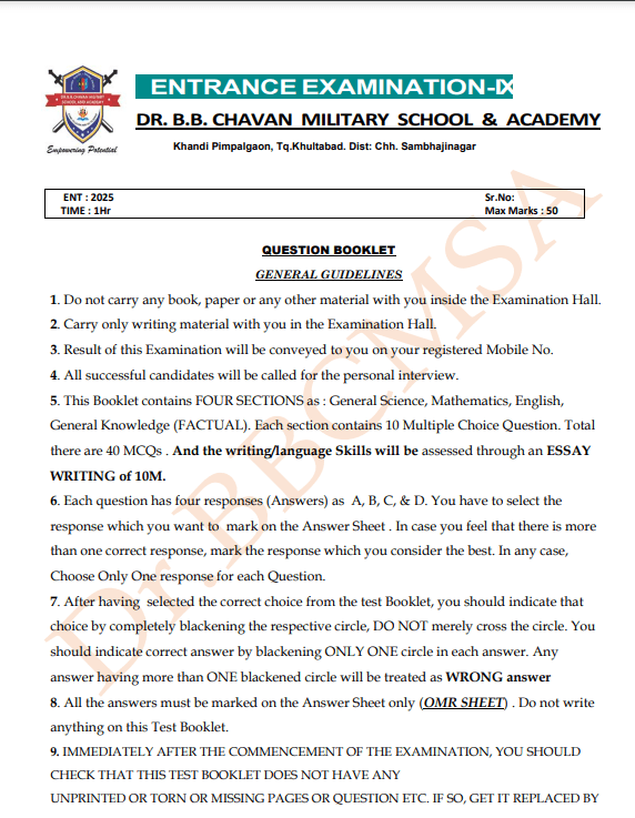 9TH STANDARD ENTRANCE EXAMINATION